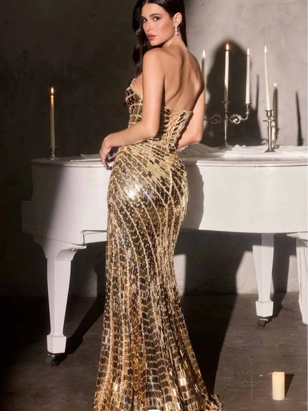 Strapless Sequined Gold Evening Gown - Women Dresses